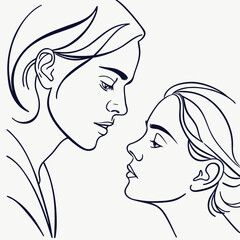 Two faces in profile looking at each other with intense emotion in a minimalist line art style