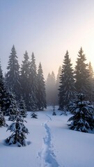 Naklejka premium A snowy winter forest landscape with frost-covered pine trees in the cold morning fog