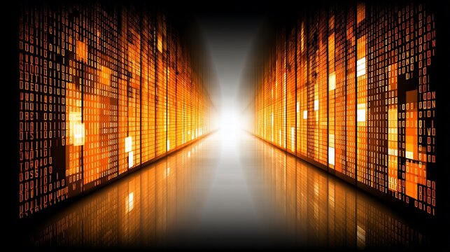 Abstract perspective of digital binary code tunnel with orange glow effect design