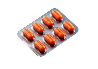 3D blister pack containing orange capsules and round pills, ideal for pharmaceutical, isolated on transparent or white background