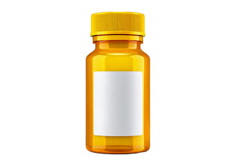 3D illustration of yellow plastic medicine bottle with blank white label and yellow cap, isolated on transparent or white background