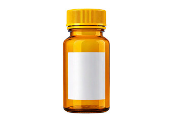 3D illustration of yellow plastic medicine bottle with blank white label and yellow cap, isolated on transparent or white background