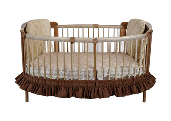 A baby bed with a Brown and white ruffle isolated on transparent or white background