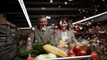 Grocery Shopping Joy: A smiling couple joyfully navigate the bustling aisles of a grocery store, their shopping cart filled with fresh produce, as vibrant confetti rains down around them.