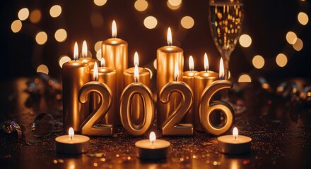 Gold-colored candles including numerals 2026 are lit on a glittered surface with a fluted glass and bokeh lights