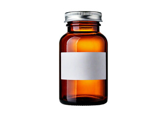 Amber glass medicine bottle with a blank label and silver cap, ideal for pharmaceutical, isolated on transparent or white background