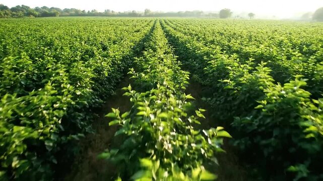 Lush Greenery of Mulberry Field Under Bright Sunlight Rows of Mulberry Plants Stretch to Horizon Cultivated Landscape Aerial View Green Plantation and Agriculture Field