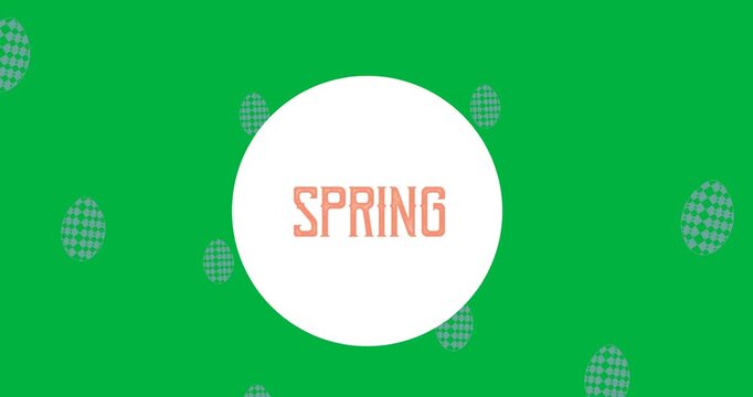 Spring text over round banner against multiple ester eggs icons floating on transparent background