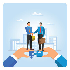 Cooperation concept. Businessman handshake connect jigsaw together.