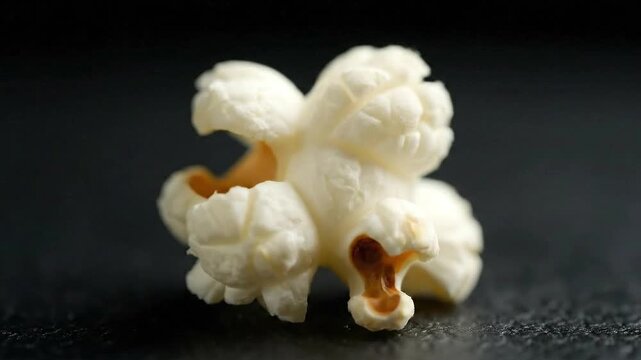 Macro Shot of Single Golden Corn Kernel on Dark Surface Transforming into White Popcorn Bloom Detailed Texture and Surface Contrast Revealing Transformation on a Black Background