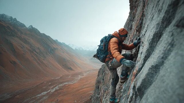 Challenging Heights: A determined climber, fully equipped with gear, fearlessly scales a sheer rock face, embracing the rugged beauty of the mountainous landscape and the spirit of adventure.