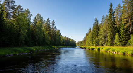 A serene river flows through a lush green forest on a sunny day, reflecting the clear blue sky and the surrounding trees in its calm waters, finland