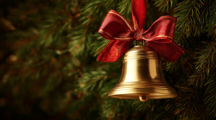 Golden christmas bell with red ribbon ornament hanging on christmas tree