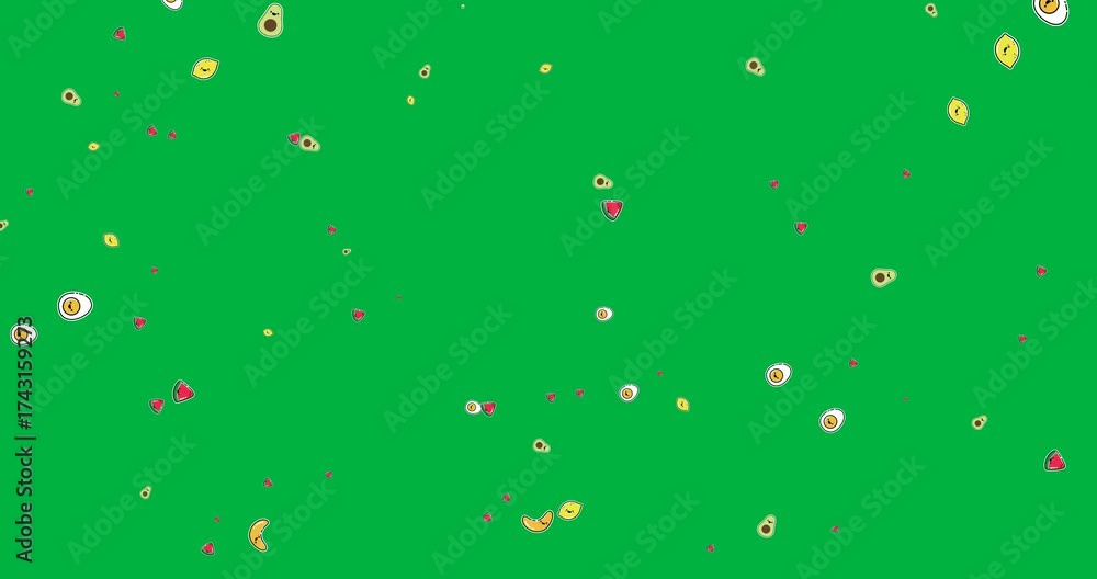 Wall mural digital animation of vegetables and fruits icons falling with copy space on transparent background
