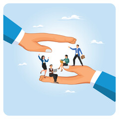 Employee care concept. Businessman hands cover working employees with care.