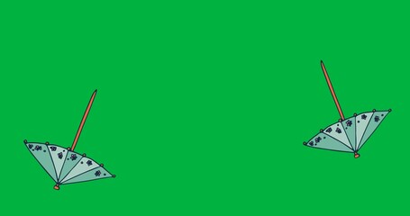 Multiple cocktail umbrella icons falling with copy space on transparent background