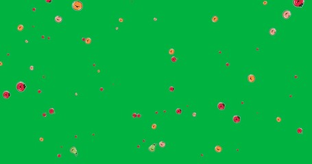 Digital animation of vegetables and fruits icons falling with copy space on transparent background