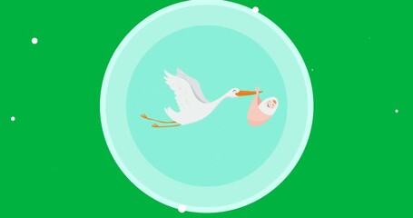 Bird carrying a newborn baby icon over green round banner with copy space on transparent background