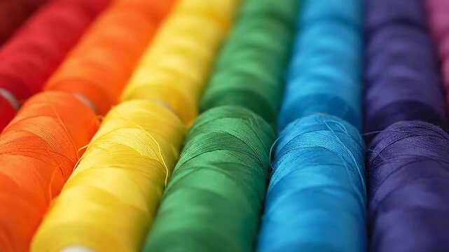 Macro View of Vivid Rainbow Colored Spools of Thread Arranged Neatly with a Shallow Depth of Field and Close Up Focus Perfect for Textile Manufacturing and Crafting Businesses Project Backgrounds