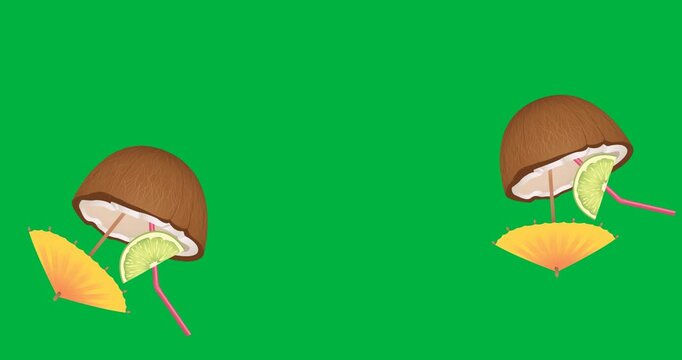 Multiple coconut cocktail icons falling with copy space on transparent background