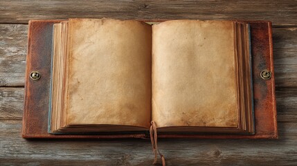 Aged leather journal lies open on rustic wood, blank pages ready. Perfect for storytelling, journaling, memories, or vintage presentations.