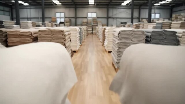 Neutral Toned Fabric Stacks Inside Spacious Industrial Warehouse with Bright Overhead Lighting and Polished Wood Flooring Under High Ceilings for Textile Production and Distribution