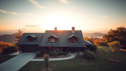 Luxurious Estate Overlooking Scenic Mountains at Sunset Showcasing Architectural Design and Landscaping Beauty in Nature.