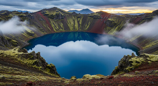 A breathtaking view of a volcanic crater lake filled with crystalclear water, surrounded by rugged cliffs and lush greenery under a cloudy sky at sunset