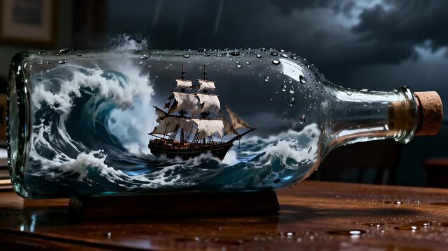 An impossible and surreal scene of a vintage sailing ship caught in a storm inside a glass bottle