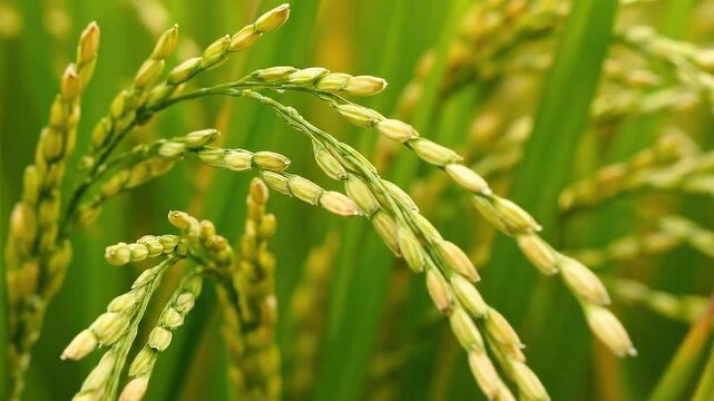 Rice Paddy in Green Field Close Up Glistening in Sunlight Agricultural Background with Organic Growing Crops and Seed Production Against Lush Foliage Calm Outdoor View in Daylight