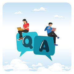 Question and answers concept, Two people sitting on a question and answer box with laptop.