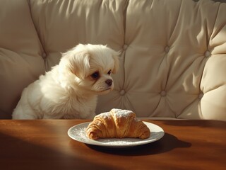 Adorable fluffy white dog patiently watches a croissant on a saucer