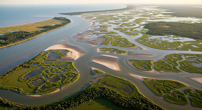 Aerial view of a serene river delta with lush green vegetation, showcasing the intricate waterways and natural beauty of the coastal ecosystem