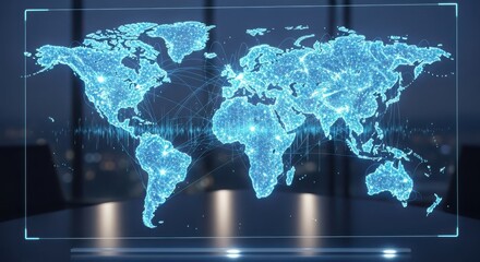 Global technology network digital map illustrating connectivity and data flow across continents