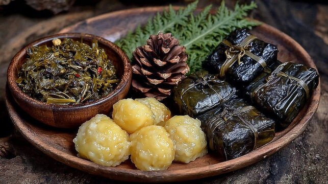 Authentic Filipino delicacies: suman, kakanin, ginisang sayote, adorned with a pine cone