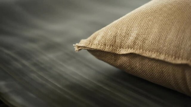 Tan Burlap Pillow on Moving Gray Conveyor Belt Detail Shot Warmly Lit Minimalist Textile Production Process Close Up Background Subtle Motion and Texture Soft Natural Light Conveyor Detail