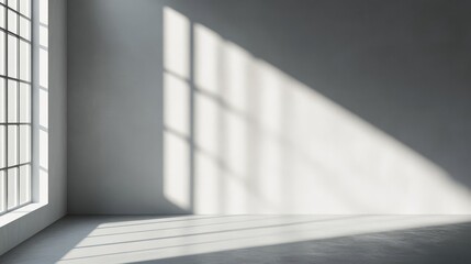 Obraz premium minimalist room interior with sunlight casting soft geometric shadows on matte gray wall, elegant vector rendering for product staging