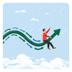 Leading direction concept. Businessman riding trend arrow followed by small followers.