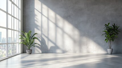 modern minimal room with tall windows, sunlight illuminating gray wall and neutral-tone floor, calm aesthetic for branding or design layout