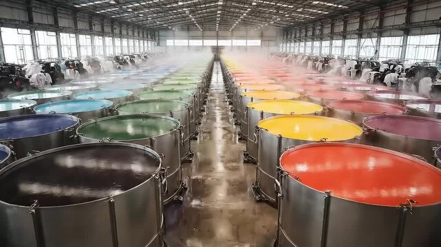 Vibrant Array of Dye Vats in Industrial Dyeing Factory High Angle View Rows of Cylindrical Containers Filled with Steaming Multicolor Dyes Textile Production Bright Rainbow Color Palette