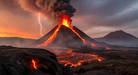 A powerful volcanic eruption with lightning strikes illuminating the sky, creating a dramatic and intense scene of natures raw power and beauty in iceland
