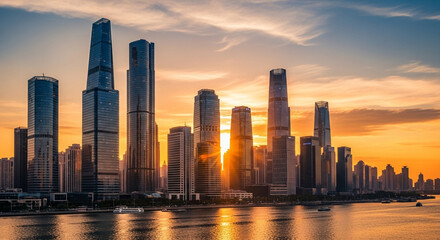 The sun sets over the modern cityscape, casting a warm glow on the skyscrapers and reflecting in the calm river below, creating a serene urban landscape