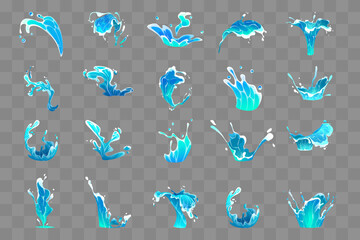 Realistic Blue Water Splash Elements Set – Cartoon Liquid Motion Collection