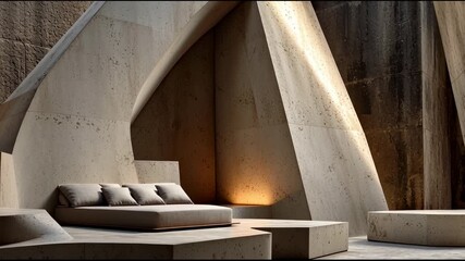 A monumental stone interior with sculptural forms, dramatic light, and a minimalist bed in a serene alcove.