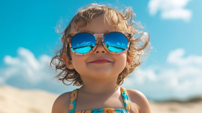 adorable child wearing bright one-piece swimwear and reflective sunglasses, playful smile, background of blue sky and sand