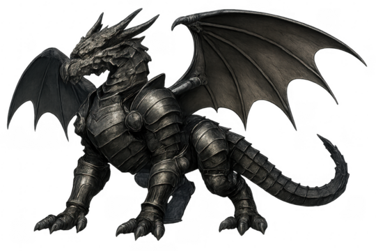 Armored fantasy dragon guarding on transparent background