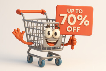 Cheerful shopping cart character holding sign with up to 70 percent off, perfect for back to school sales and promotions, encouraging savings and excitement for shoppers