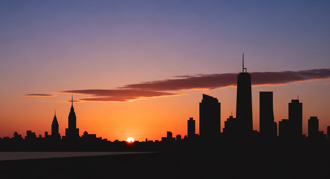 Silhouette of the new york city skyline at sunset with the sun setting behind the buildings and a few clouds in the sky creating a beautiful scene