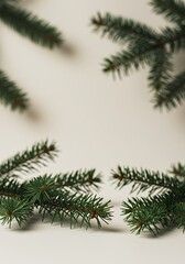 Obraz premium Close-up of fresh green fir tree branches with soft focus on a light background, evoking a natural, festive, and wintery atmosphere