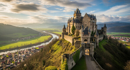Picturesque view of the medieval castle of braunfels in hesse, germany, perched atop a hill overlooking the lahn river valley on a sunny day with blue sky